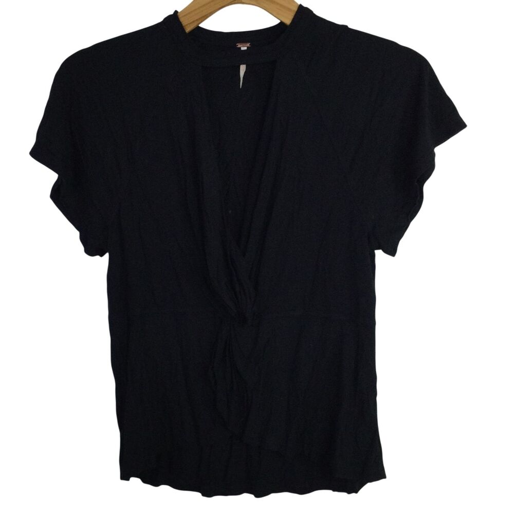 Free People Womens Twisted V-Neck Top Cap Sleeves Stretch Black Size Small